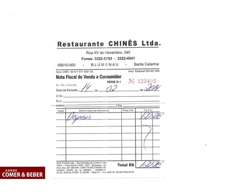 Nota fiscal do Restaurante Chines em Blumenau, centro As despesas da mesa para duas pessoas ficou em R$ 120,28.