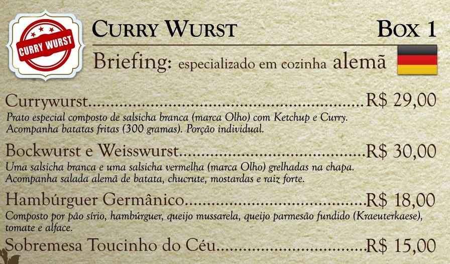 Cardapio restaurante Curry Wurst, valores, pratos, preços do 10º Festival Gastronômico de Pomerode 