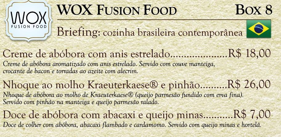 Cardapio restaurante Wox Fusion Food, valores, pratos, preços do 10º Festival Gastronômico de Pomerode 