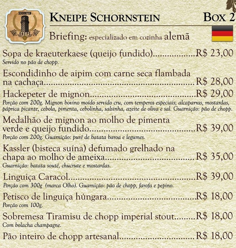 Cardapio restaurante Kneipe Schornstein, valores, pratos, preços do 10º Festival Gastronômico de Pomerode 