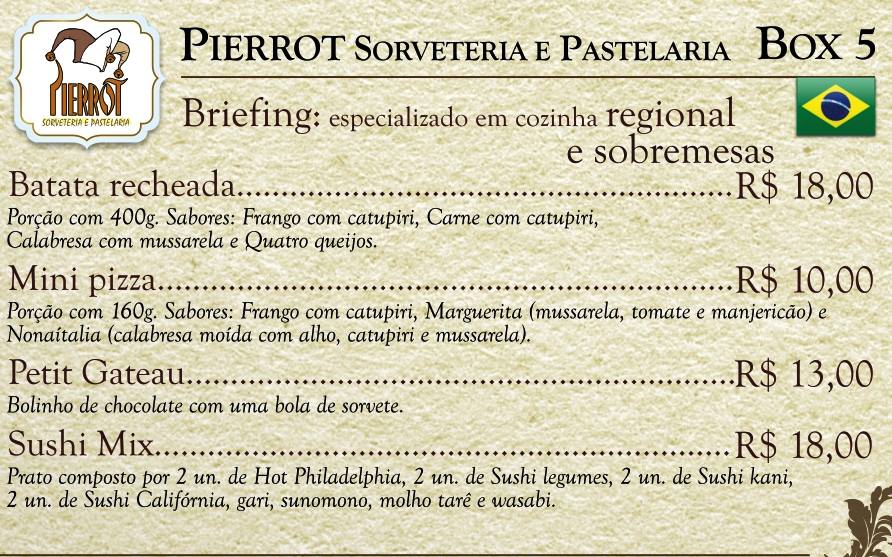 Cardapio restaurante Pierrot Sorveteria e Pastelaria, valores, pratos, preços do 10º Festival Gastronômico de Pomerode 