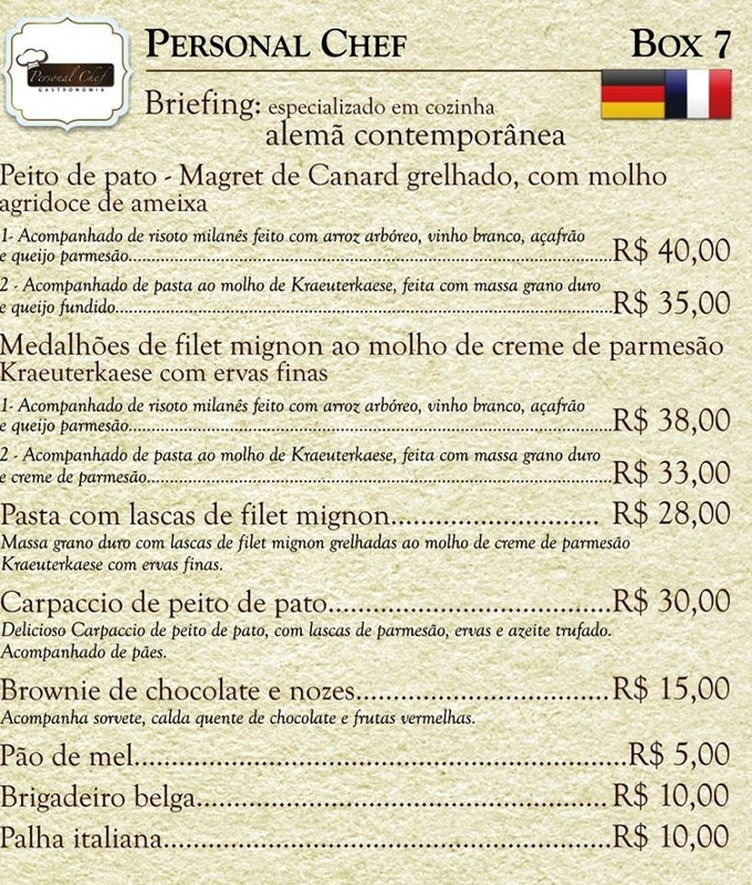 Cardapio restaurante Personal Cheff, valores, pratos, preços do 10º Festival Gastronômico de Pomerode 