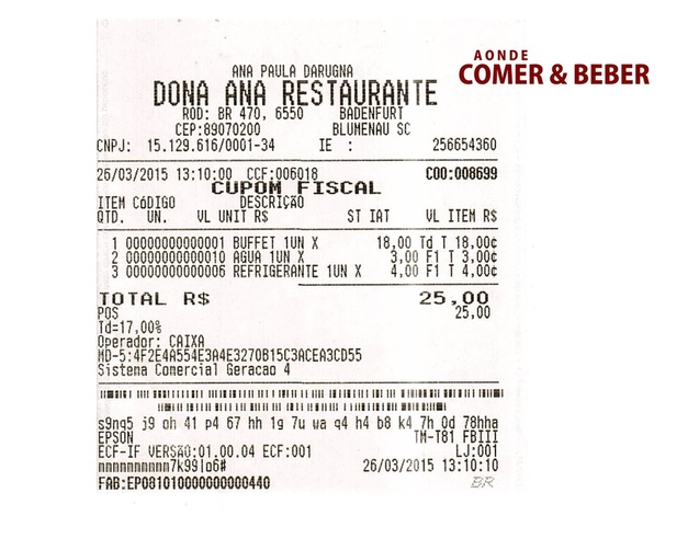 foto do cupom fiscal com as despesas da mesa no Restaurante Dona Ana em Blumenau, SC