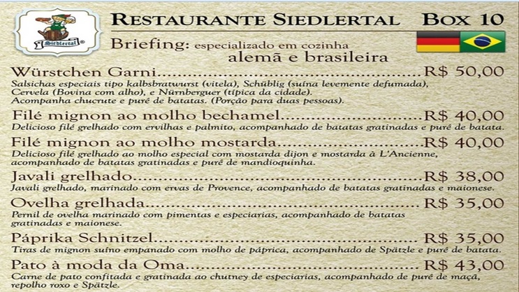 Cardápio restaurante Siedlertal, valores, pratos, preços do 10º Festival Gastronômico de Pomerode 